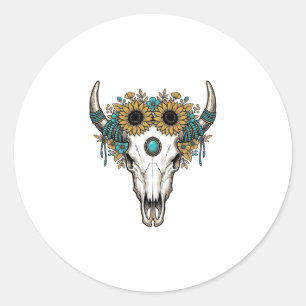 Sticker Rond Boho Crâne de Taureau Tournesol Vintage Gravure We