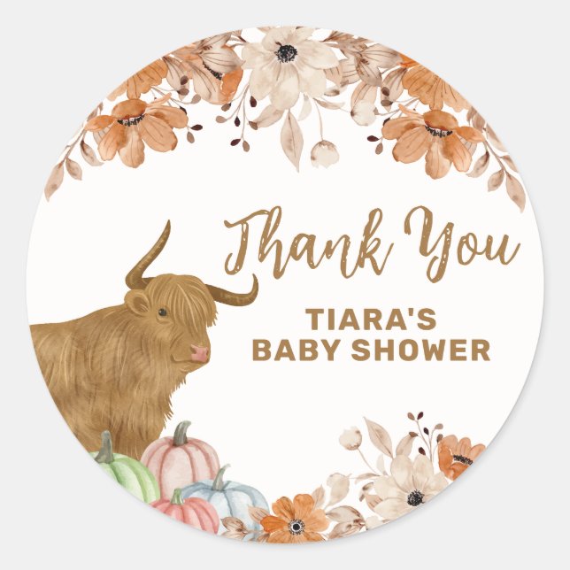 Sticker Rond Boho d'automne Baby shower Floral Highland Vache (Devant)