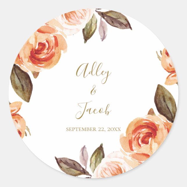 Sticker Rond Boho d'automne Burnt Orange Floral Mariage (Devant)