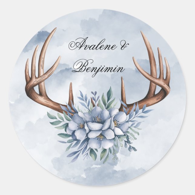 Sticker Rond Boho Deer Antler avec Mariage Floral bleu (Devant)