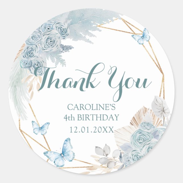 Sticker Rond Boho Dusty Blue Butterfly Merci d'anniversaire (Devant)