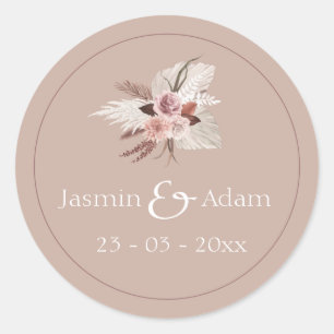 Sticker Rond Boho Dusty rose Fleurs séchées Pampas Mariage en h