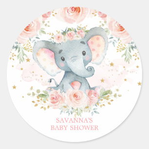 Sticker Rond Boho Elephant rose Floral Baby Girl