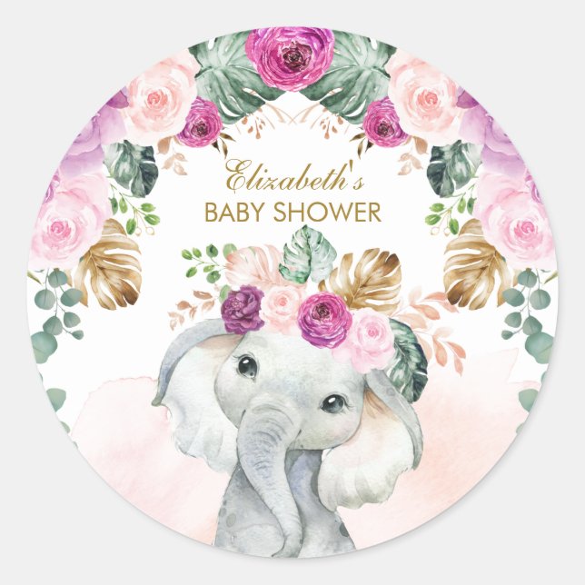 Sticker Rond Boho Elephant Tropical Blush Purple Floral Girl (Devant)