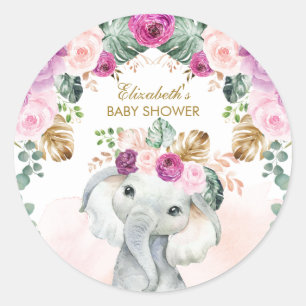 Sticker Rond Boho Elephant Tropical Blush Purple Floral Girl
