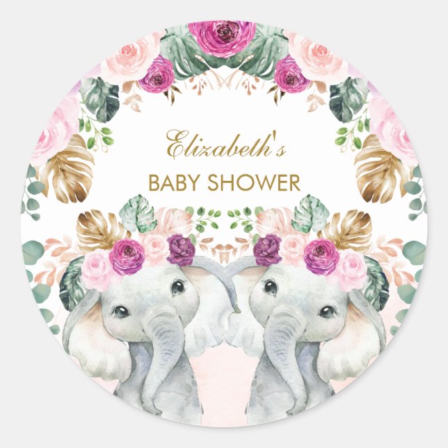Sticker Rond Boho Elephant Twins Tropical Blush Purple Floral (Devant)
