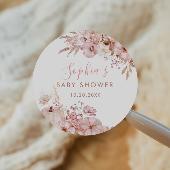 Sticker Rond Boho Fall Floral Pumpkin Baby Shower  (Créateur téléchargé)