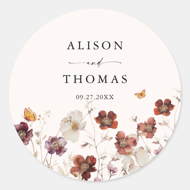 Sticker Rond Boho Fall Florals Mariage papillon (Devant)