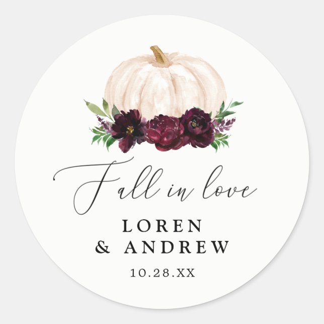 Sticker Rond Boho Fall In Love Floral Citrouille Mariage (Devant)