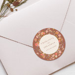 Sticker Rond Boho Fall Rustic Fleur sauvage Floral Mariage<br><div class="desc">Célébrez votre journée spéciale avec cette aquarelle Boho automne Floral élégant brûlé en terre cuite orangée et beige Mariage Sticker personnalisé, conçu pour apporter une touche de chaleur et d'élégance à votre mariage d'automne. Doté d'un bel agencement de fleurs sauvages peints à la main, cet autocollant capture l'essence d'une prairie...</div>