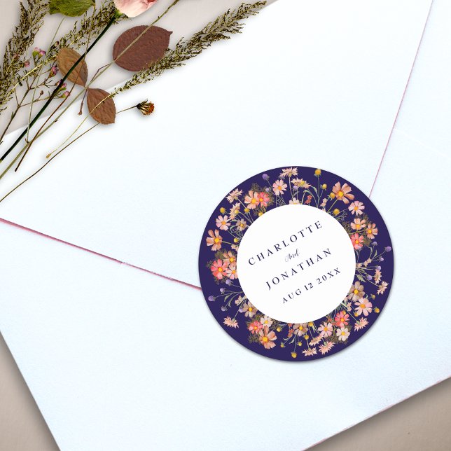 Sticker Rond Boho Fall Rustic Fleur sauvage Floral Mariage (Boho fall wildflower floral navy blue terracotta burnt orange wedding personalized sticker)