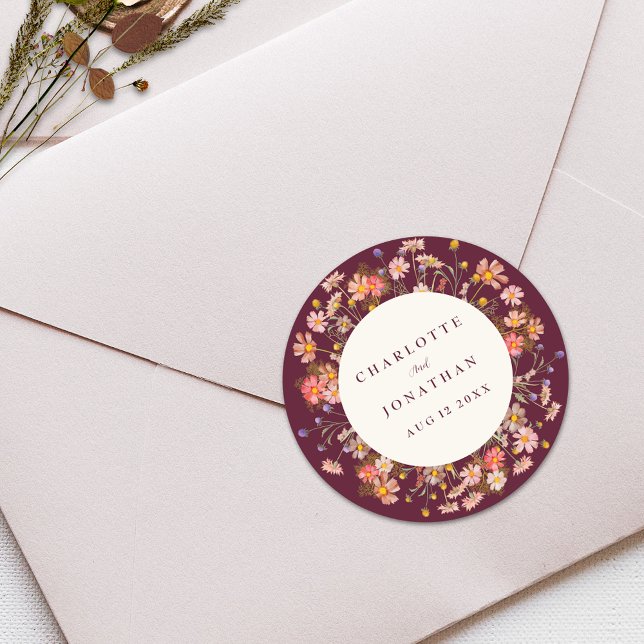 Sticker Rond Boho Fall Rustic Fleur sauvage Floral Mariage (Boho rustic wildflower floral fall wedding custom sticker burgundy burnt orange terracotta )