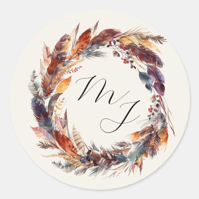Sticker Rond Boho Feathers Floral Wreath Monogram Mariage (Devant)