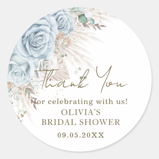 Sticker Rond Boho Fête de Mariage Fleurie Bleu Pastel avec Herb (Devant)