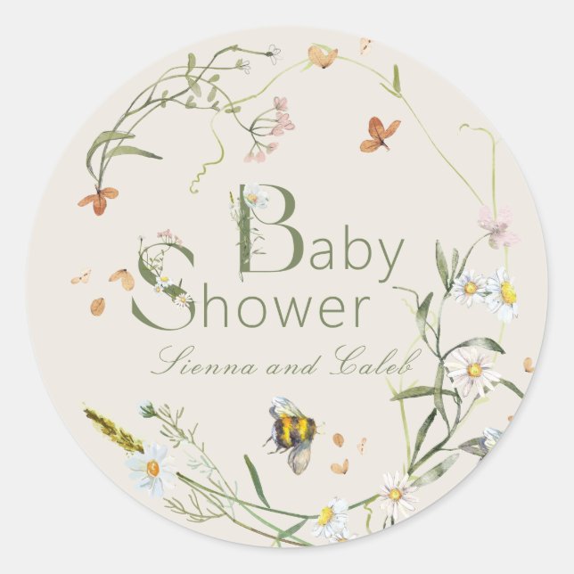 Sticker Rond Boho Fleur sauvage Beige Baby shower Beige  (Devant)