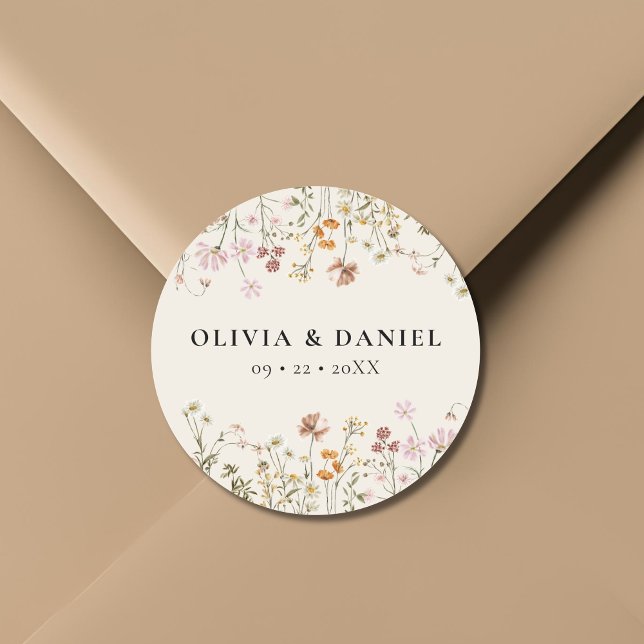Sticker Rond Boho Fleur sauvage Beige Garden Mariage (Créateur téléchargé)