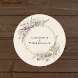Sticker Rond Boho Fleur sauvage Fern Beige Mariage Enveloppe Ph<br><div class="desc">Ce Fleur sauvage Boho Fern Beige Mariage Envelope Seals design est un agencement élégant de cadres géométriques dorés classiques agrémentés de délicats bouquets et tiges boho fleuris. Avec une palette d'arrière - plans beiges d'ivoire intemporels avec une simple typographie noire classique et des fleurs sauvages fantaisistes colorés, créant une atmosphère...</div>