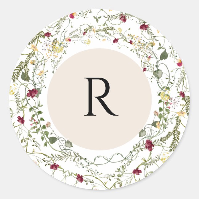 Sticker Rond Boho Fleur sauvage Monogramme Enveloppe ronde Scea (Devant)