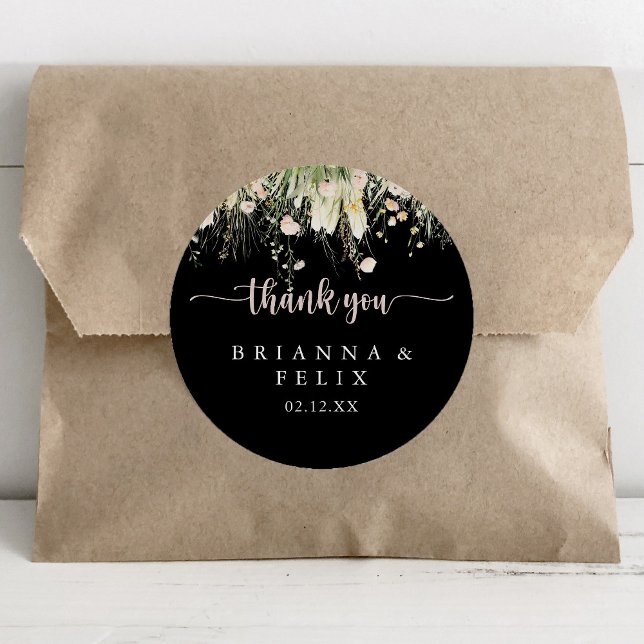 Sticker Rond Boho Fleur sauvage noir Merci mariage Faveur (Créateur téléchargé)