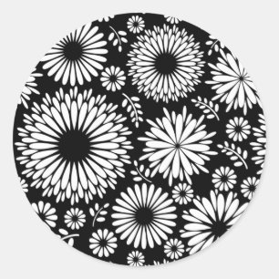 Sticker Rond Boho fleurs Motif floral vectoriel noir et blanc