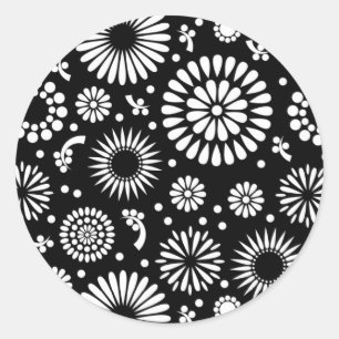 Sticker Rond Boho fleurs Motif floral vectoriel noir et blanc