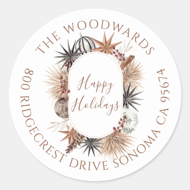 Sticker Rond Boho Fleurs Séchées Fête de Noël  (Devant)