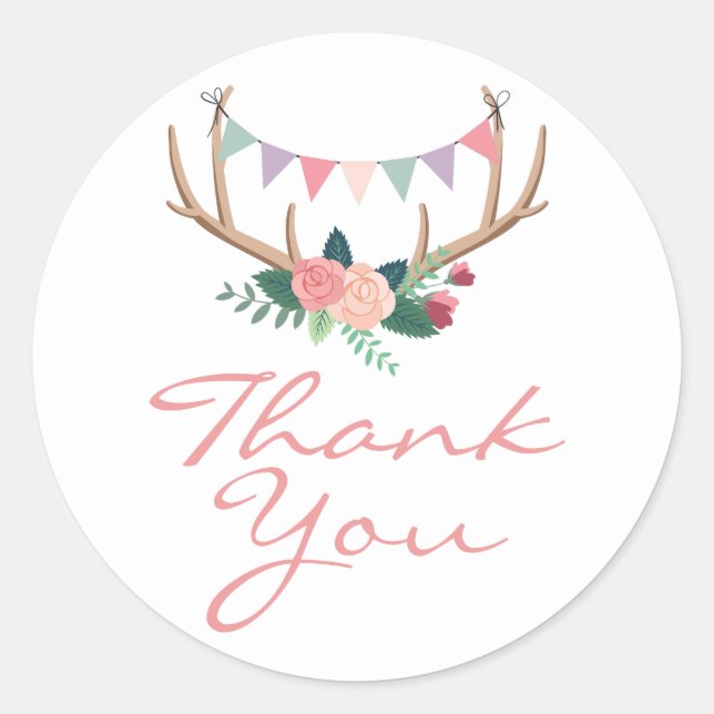 Sticker Rond Boho Floral Antlers & Shabby Rose Party Merci (Devant)