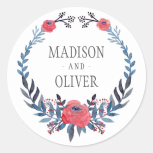 Sticker Rond Boho Floral Aquarelle Roses rouges MARIAGE