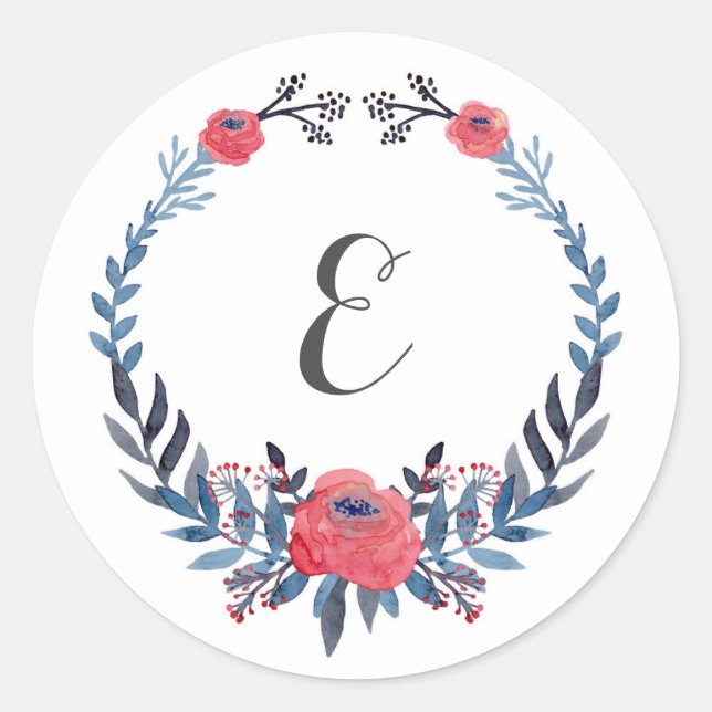 Sticker Rond Boho Floral Aquarelle Roses rouges | Monogramme (Devant)
