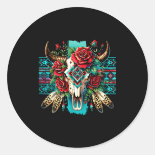 Sticker Rond Boho floral crâne de taureau roses aztèque cowgirl