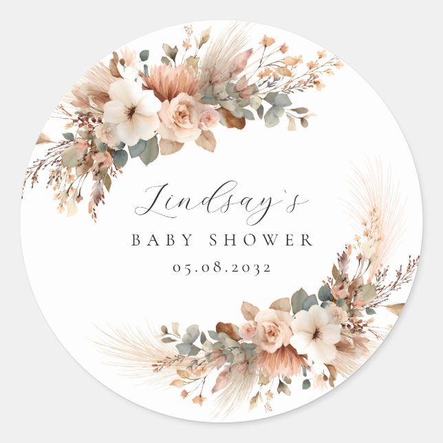 Sticker Rond Boho Floral Herbe de Pampas  Baby Shower  (Devant)