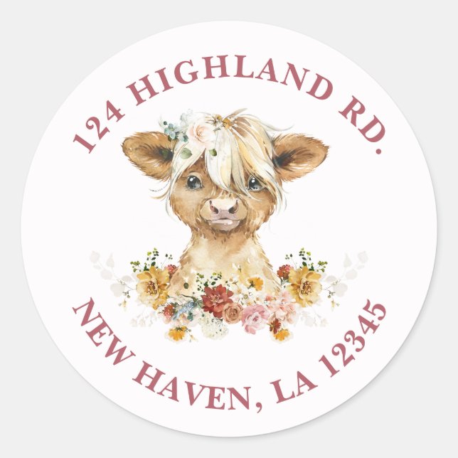 Sticker Rond Boho Floral Highland Cow Adresse de retour (Devant)