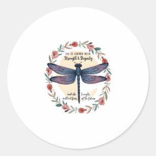 Sticker Rond Boho Floral Libellule Elle Est Vêtue De Force