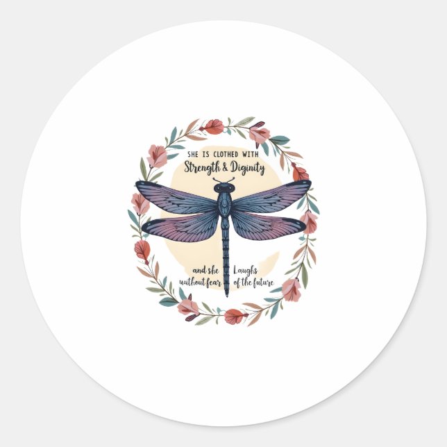 Sticker Rond Boho Floral Libellule Elle Est Vêtue De Force (Devant)