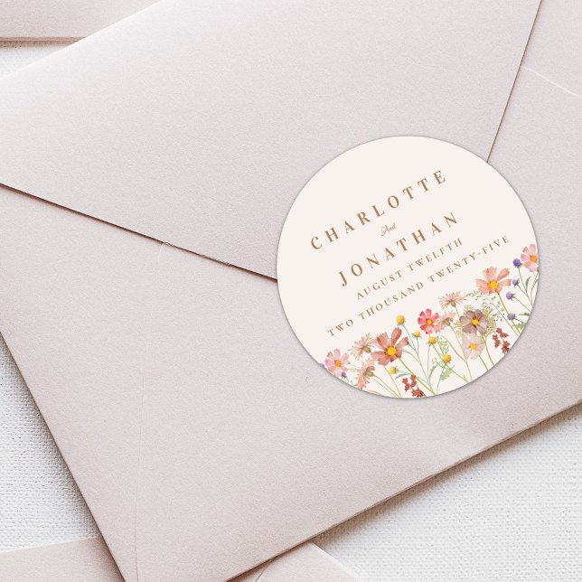 Sticker Rond Boho Floral Mariage de automne (Boho fall rustic Wildflower floral custom Wedding sticker watercolor flowers elegant modern)