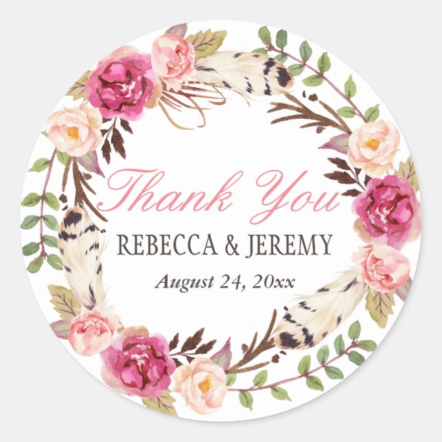 Sticker Rond Boho Floral Wreath Merci Mariage Faveur (Devant)