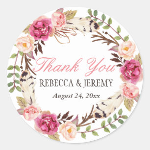 Sticker Rond Boho Floral Wreath Merci Mariage Faveur