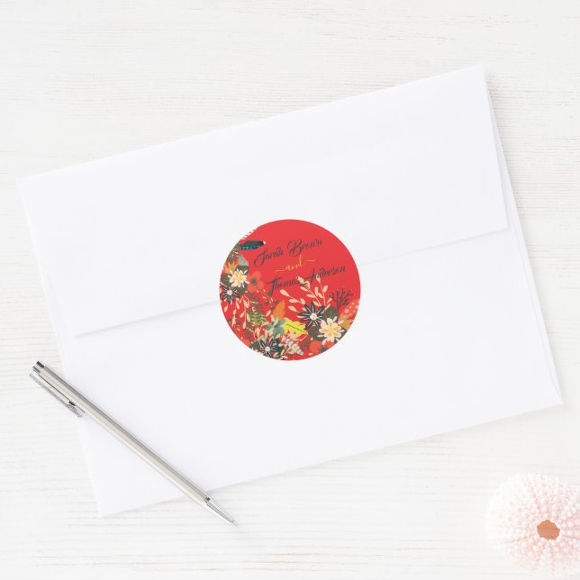 STICKER ROND BOHO FLORALE ROUGE COLORÉ (Enveloppe)