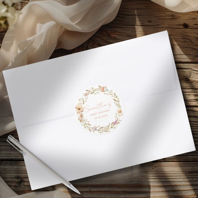 Sticker Rond Boho Flower Baby Shower (Boho Flower Baby Shower Custom Classic Round Sticker with your Name & Date. For Baby Girl & Baby Boy)