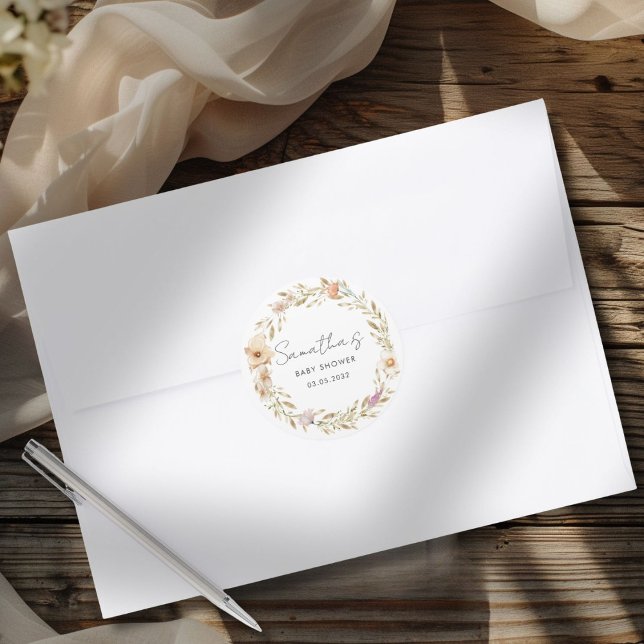 Sticker Rond Boho Flower Baby Shower (Boho Flower Baby Shower Custom Classic Round Sticker with your Name & Date. For Baby Girl & Baby Boy)