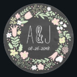 Sticker Rond Boho Flower Wreath Russe Chalkboard Mariage<br><div class="desc">Une couronne de fleurs de pastel dessinée à la main et fantaisiste sur un tableau noir fait de cette suite de faire-part de mariage rustiques un gardien. Une bannière branchée de ruban ajoute une ambiance boho artistique, ce qui en fait un endroit parfait pour les mariages en plein air détendus....</div>