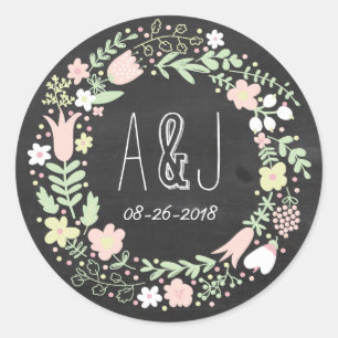 Sticker Rond Boho Flower Wreath Russe Chalkboard Mariage