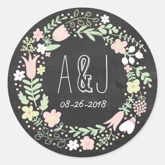 Sticker Rond Boho Flower Wreath Russe Chalkboard Mariage (Devant)