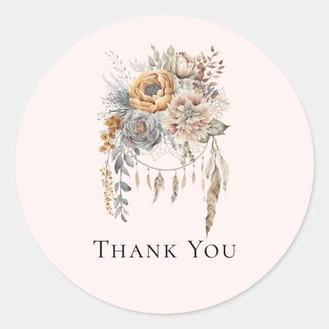 Sticker Rond Boho Flowers et Dreamcatcher - Merci (Devant)