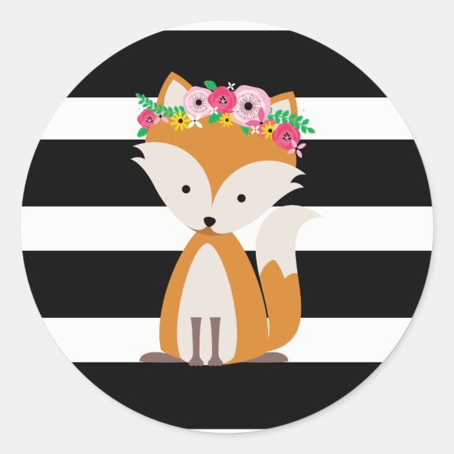 Sticker Rond Boho Fox Black + White Stripe Baby shower (Devant)