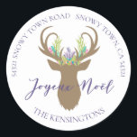Sticker Rond Boho French Christmas Reinder Typographie Adresse<br><div class="desc">Boho French Christmas Reindeer Typographie Adresse Stickers Ajoutez une touche spéciale à vos cadeaux et à vos cartes cette année avec ces stickers boho délicieux avec un cerf-volant avec des pins pastel turquoise, lavande, rose et sauge dans ses bois. Facile à customiser avec du texte, des polices et des couleurs....</div>