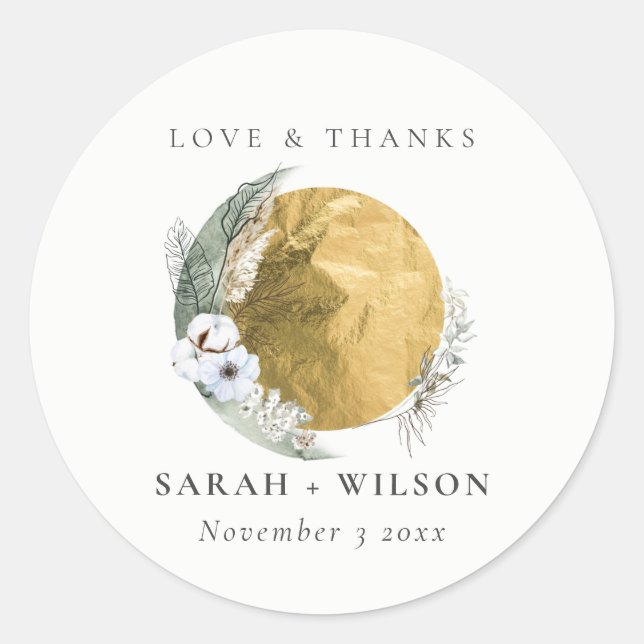 Sticker Rond Boho Gold Saga Green Floral Wreath Mariage Merci (Devant)