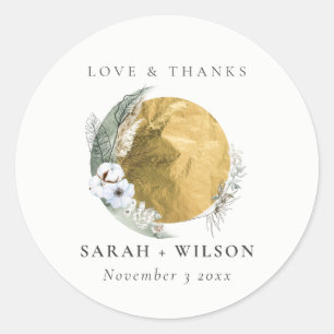 Sticker Rond Boho Gold Saga Green Floral Wreath Mariage Merci