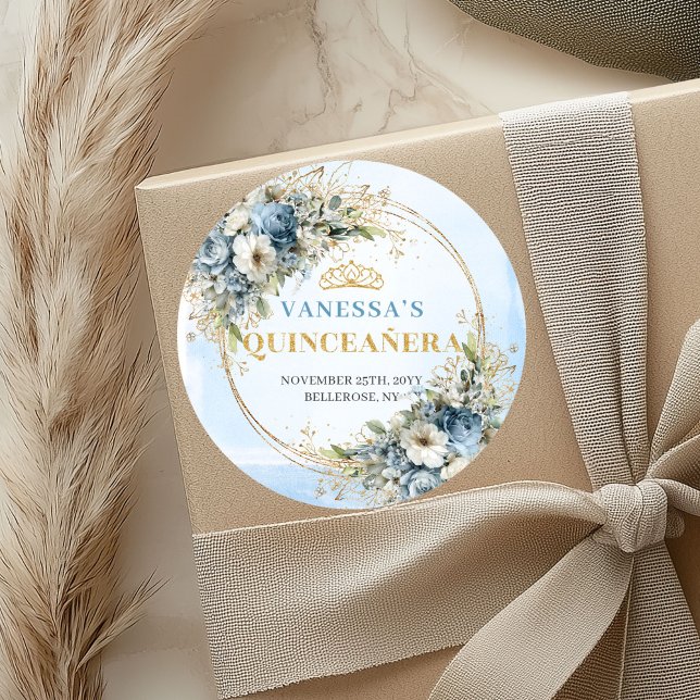 Sticker Rond Boho Graceful Pale Blue Gold Greenery Quinceañera (Graceful Pale Blue Gold Greenery Quinceañera Sticker)
