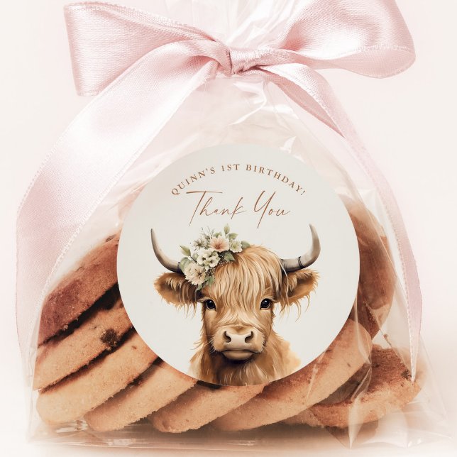 Sticker Rond Boho Highland Cow Anniversaire de enfant Party Mer (Highland Cow Kids Birthday Party Favor or Envelope Tag Thank You Sticker.)